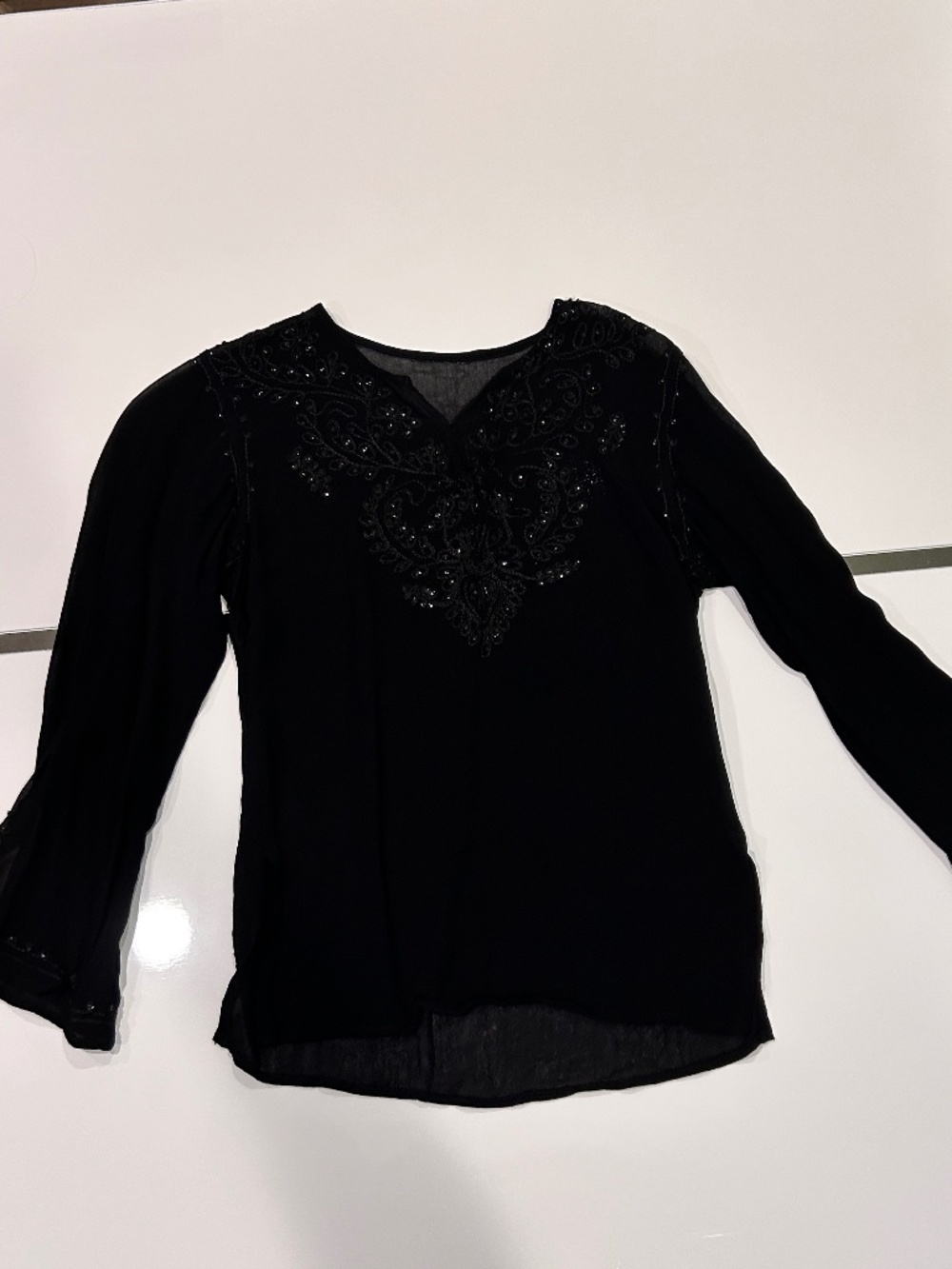 Fitted Sequin Embroidery Bell Sleeve V Neck Chiffon Blouse